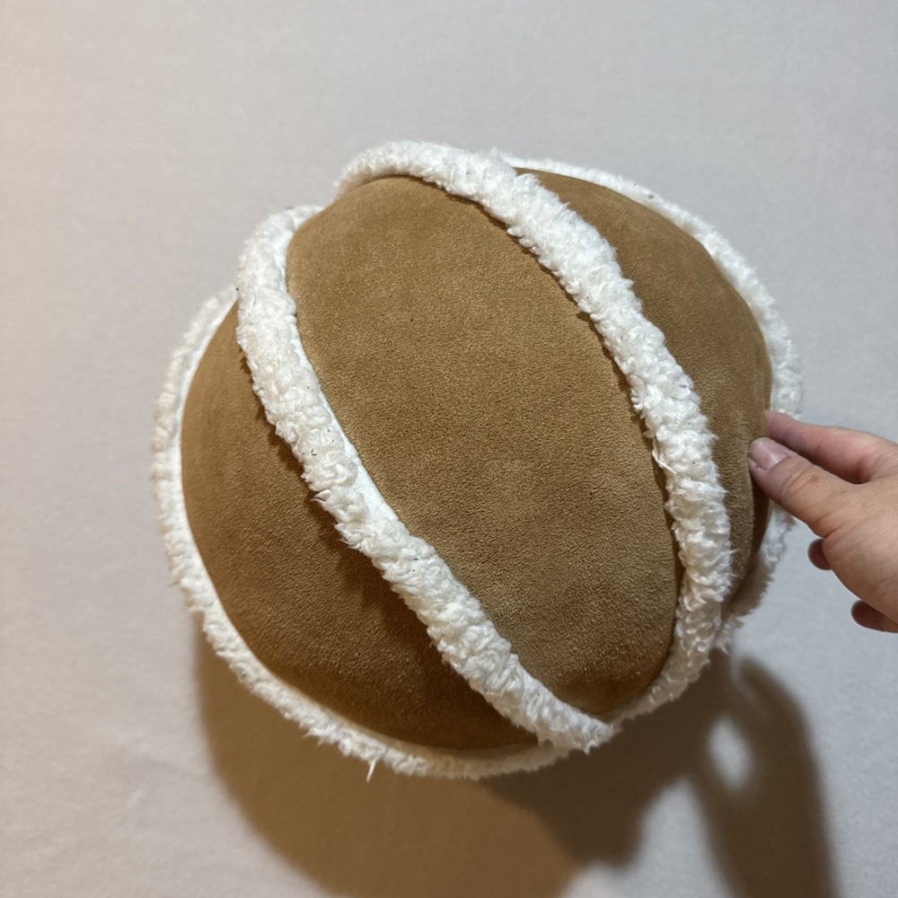 Pottery‎ Barn Suede Leather & Sherpa Trim Ball Pillow 12 Inches Diameter